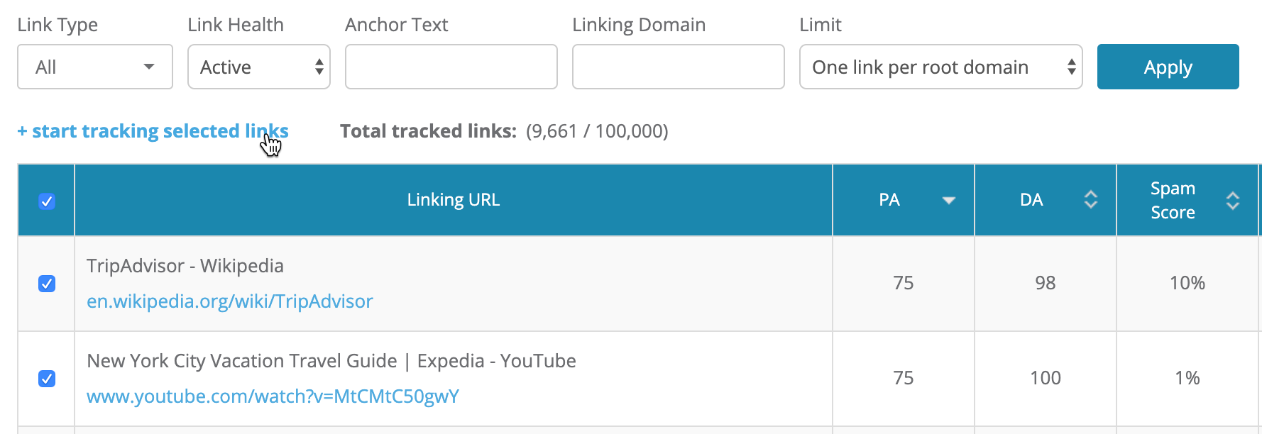 Tracked links