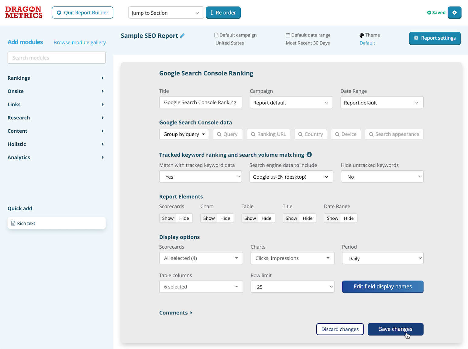 Google Search Console module settings