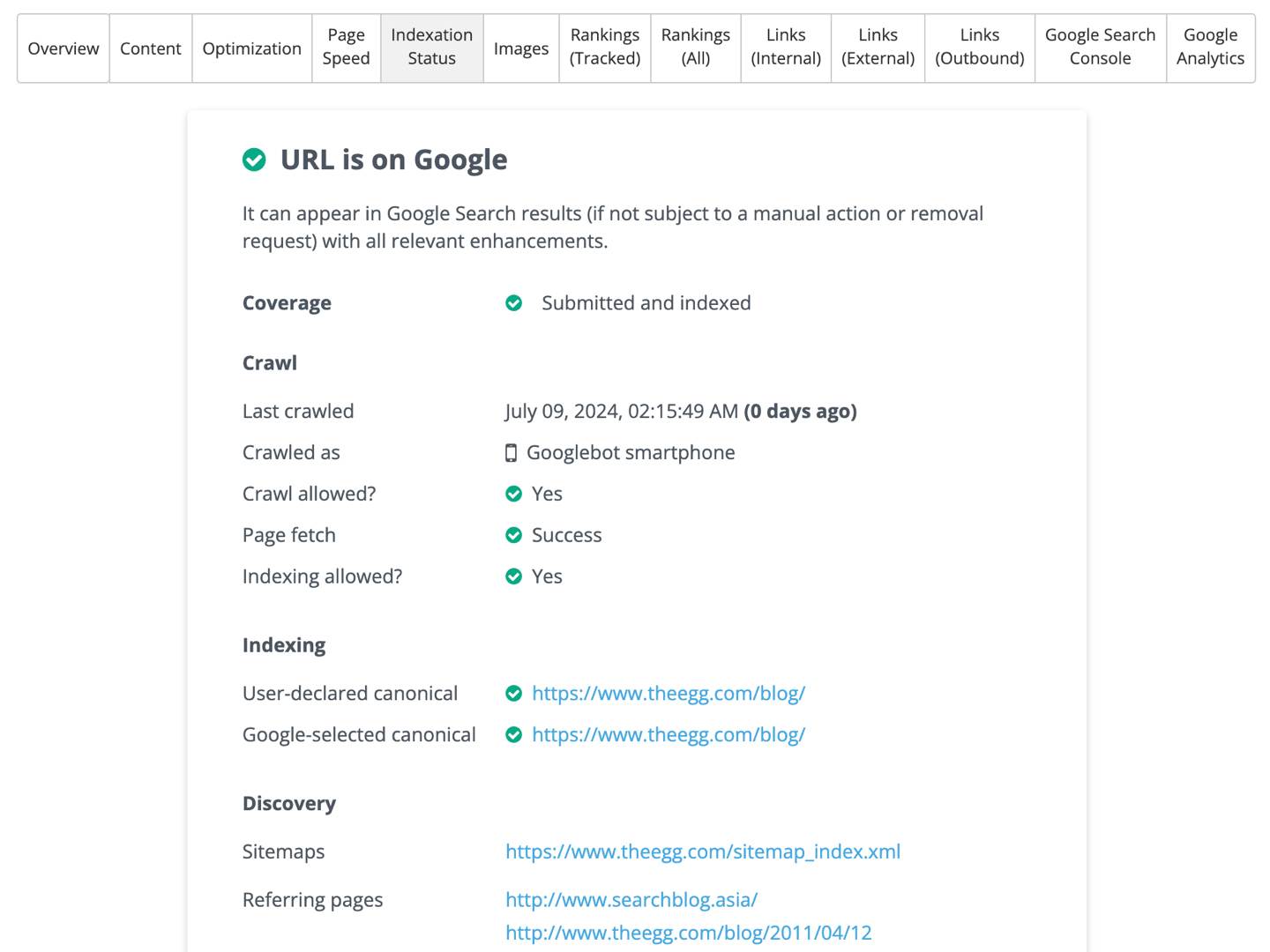 Dragon Metrics indexation status